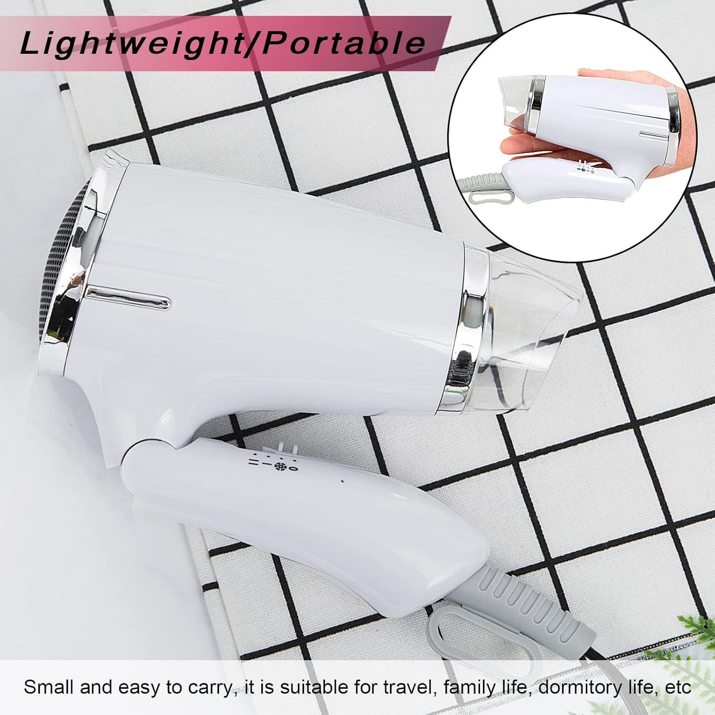 Folding Travel Hair Dryer - Compact & Lightweight Mini Blow Dryer | 8x7 Inch, Low Noise, Multiple Heat Settings (White)