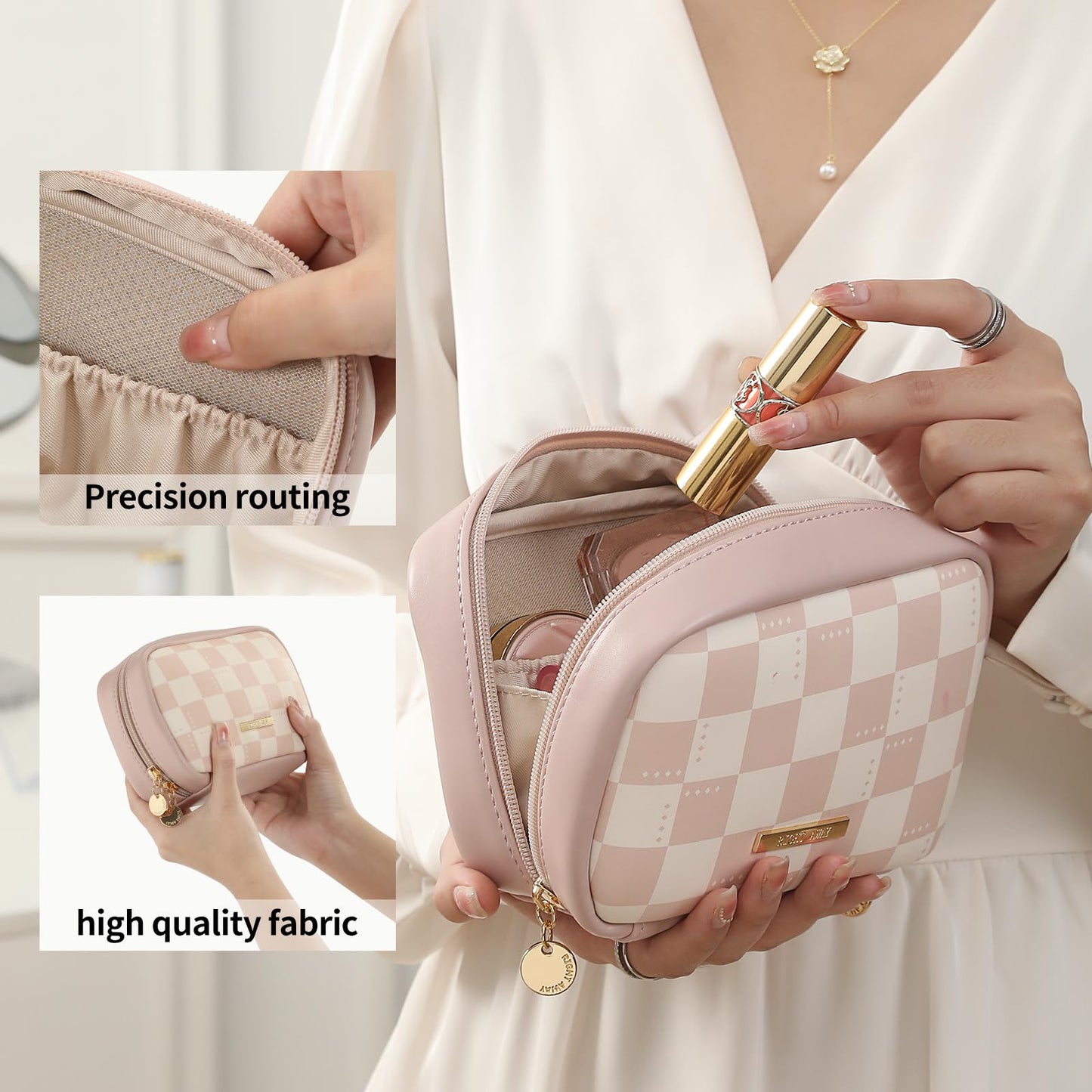 RIGHT AWAY Makeup Bag,Travel Cosmetic Bag Organizer with Zipper,Waterproof Toiletry Bags Makeup Pouch for Purse, Small Make Up Bag &Cases with Compartments for Women Girls（Pink Checkerboard）