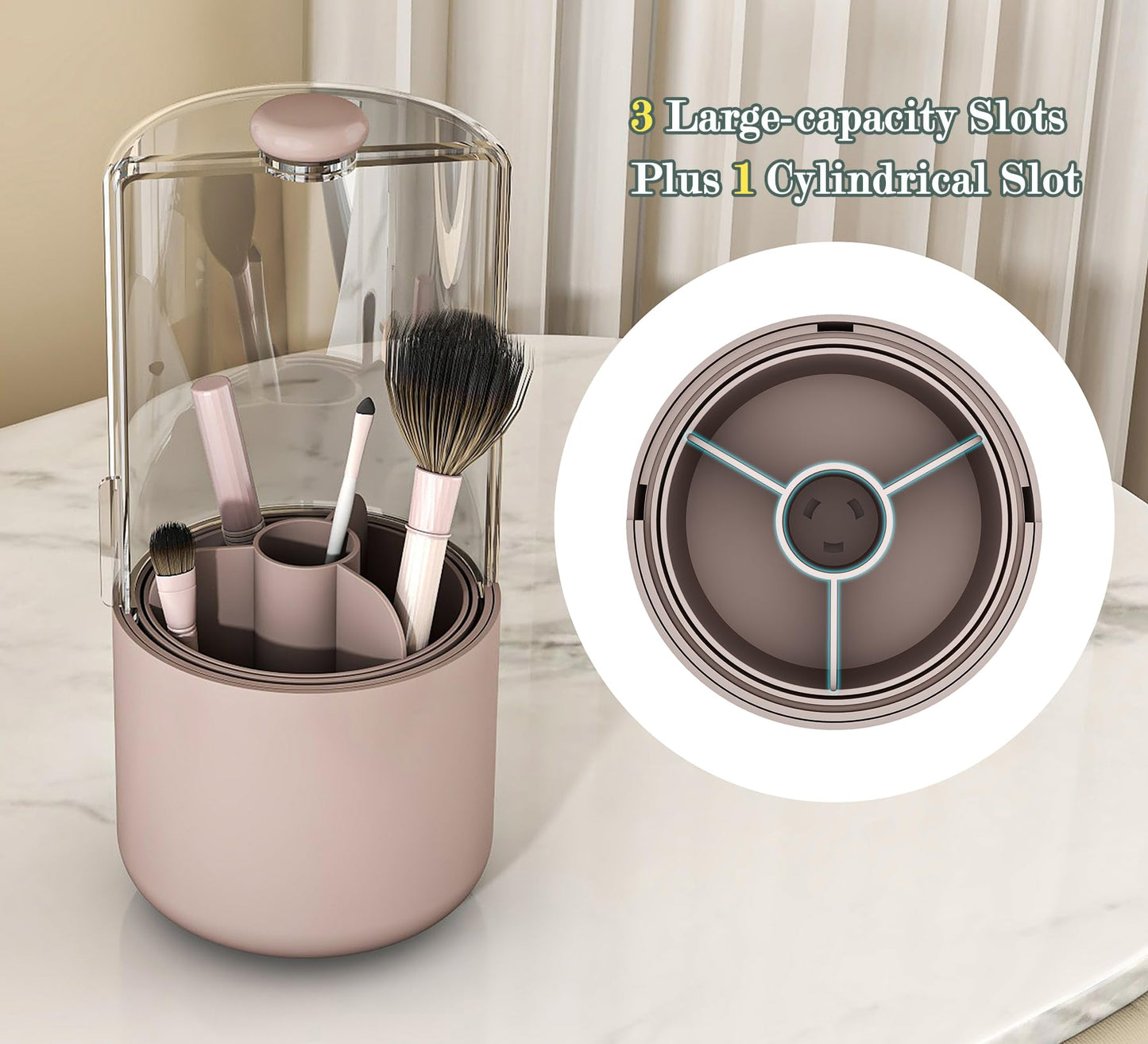 Zufudo Makeup Brush Holder with Dustproof Cover, Clear 360 Rotating Make Up Brushes Organizer for Counter Vanity Bathroom, Pink