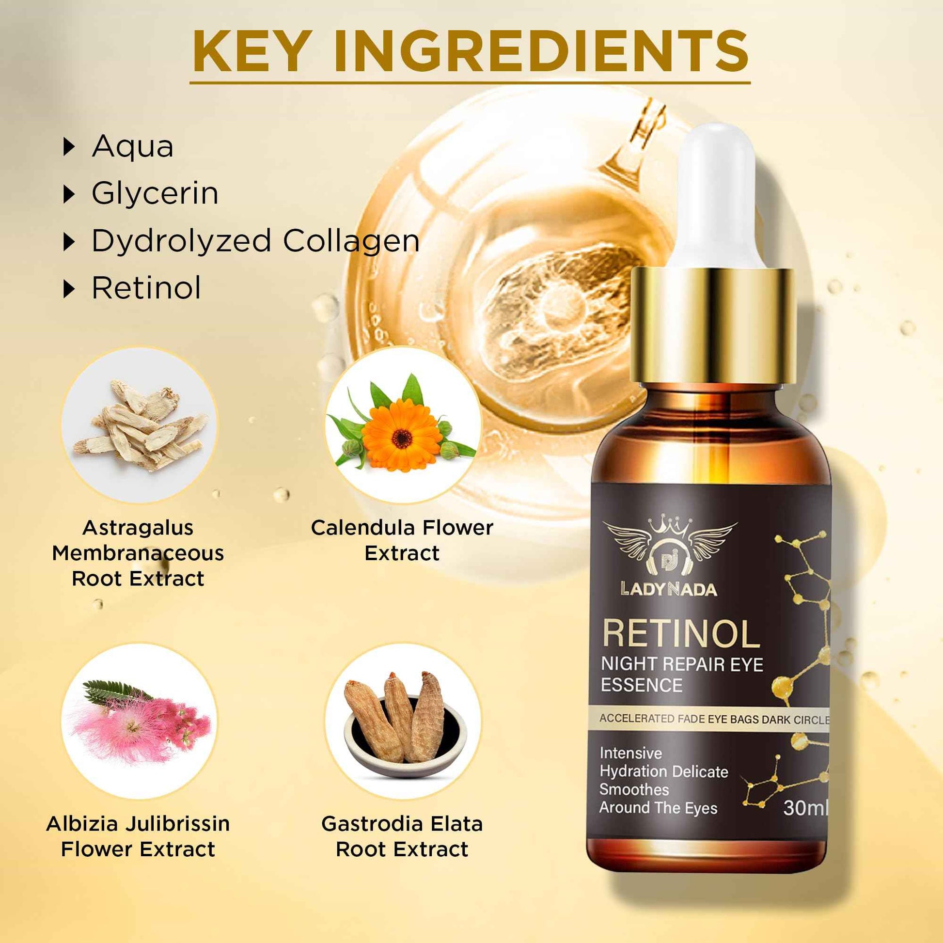 LADY NADA Retinol Eye Serum – Anti-Aging Night Treatment with Collagen, Vitamin E & Natural Extracts – Smooths Fine Lines, Deeply Hydrates, Long-Lasting Effect – For All Skin Types – 1.0 fl oz