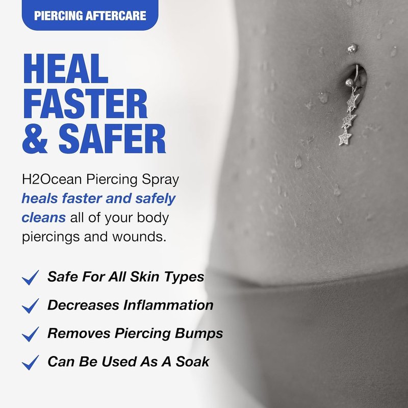 H2Ocean Piercing Aftercare Spray, Saline Spray for Piercings Cleaning Solution, with Sea Salt Nipple, Ear, Nose, Lip, Belly Piercings Cleaning Spray with Sea Salt & Bump Treatment, Set of 2