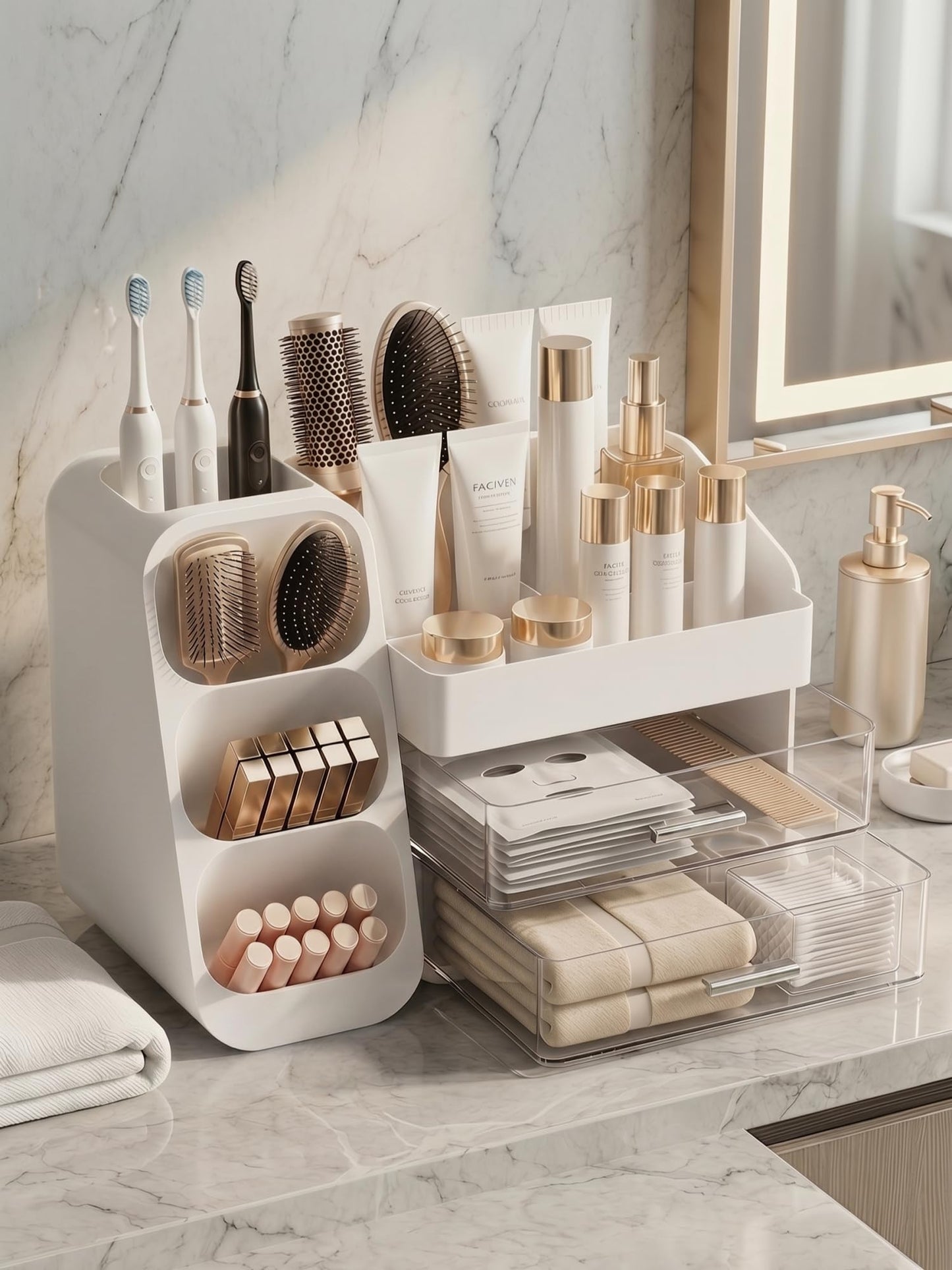 Booklov Makeup Organizer for Vanity, Large Capacity Cosmetic Display Case with Clear Acrylic Drawer, Countertop Beauty Storage Holder for Skincare, Brush Eyeshadow Lipstick Counter Desk, Crystal White