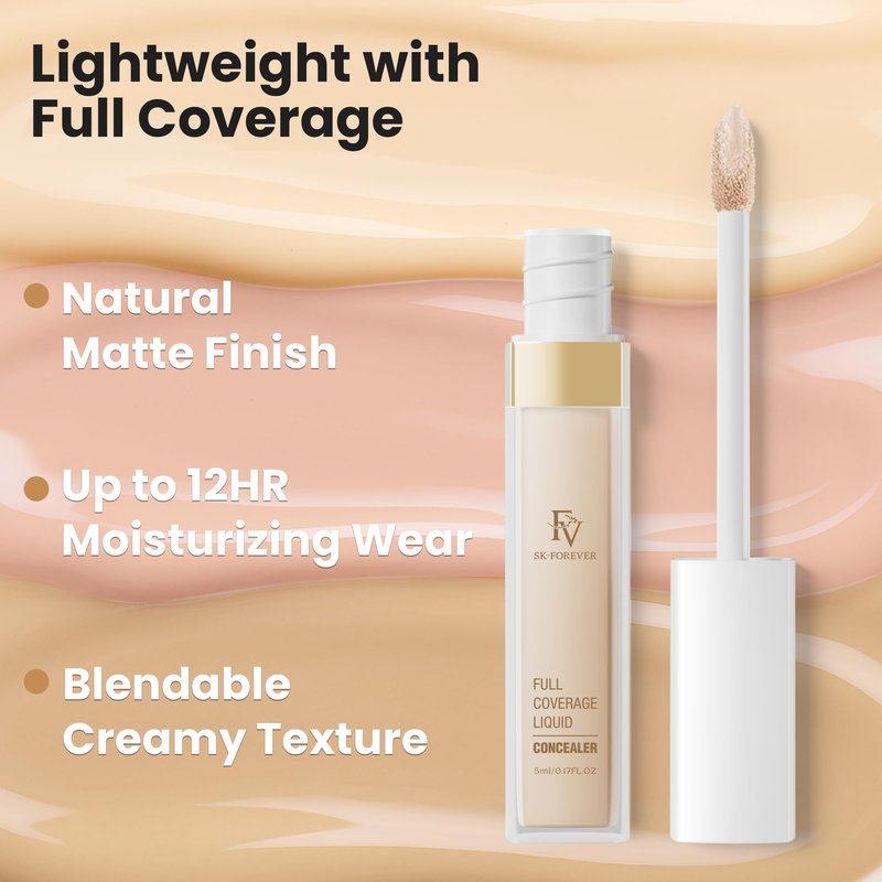 FV Waterproof Liquid Concealer, Full Coverage for Dark Circles, Redness, Fine Lines and Acne, Lightweight & Longwear, Matte Hydrating Concealer Makeup for Women, 02 Light