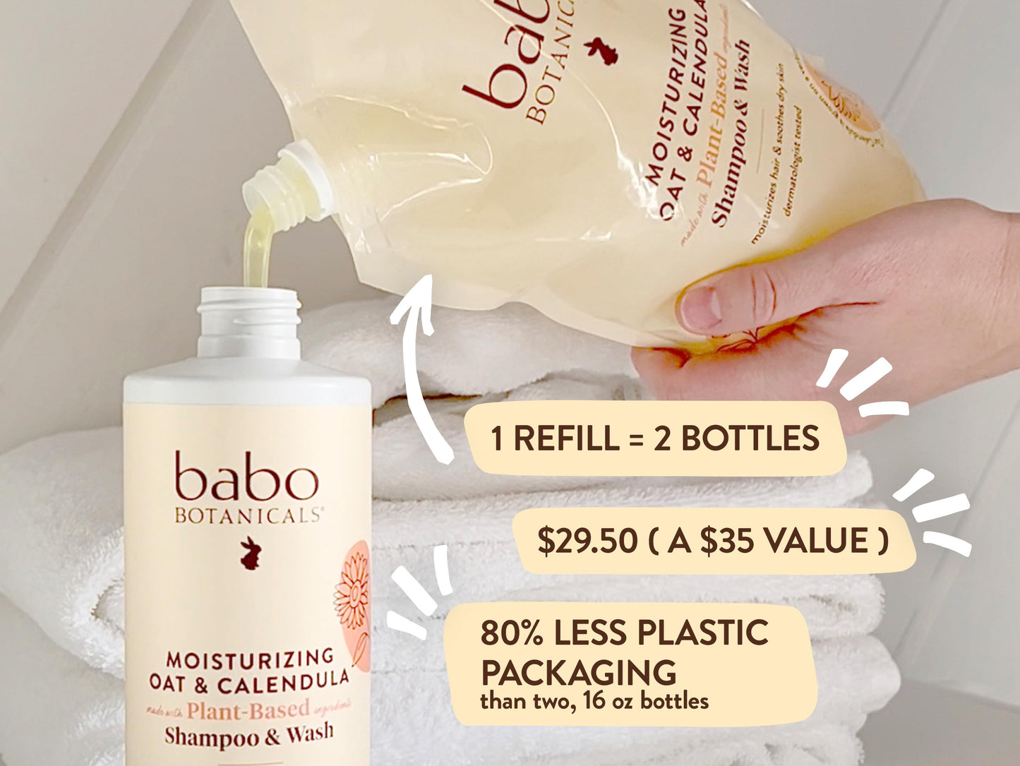 BABO Botanicals Moisturizing Oat & Calendula 2-in-1 Shampoo & Wash - for Dry or Sensitive Skin - for All Ages - Lightly Scented - Vegan - Refill pouch 32 fl.oz.