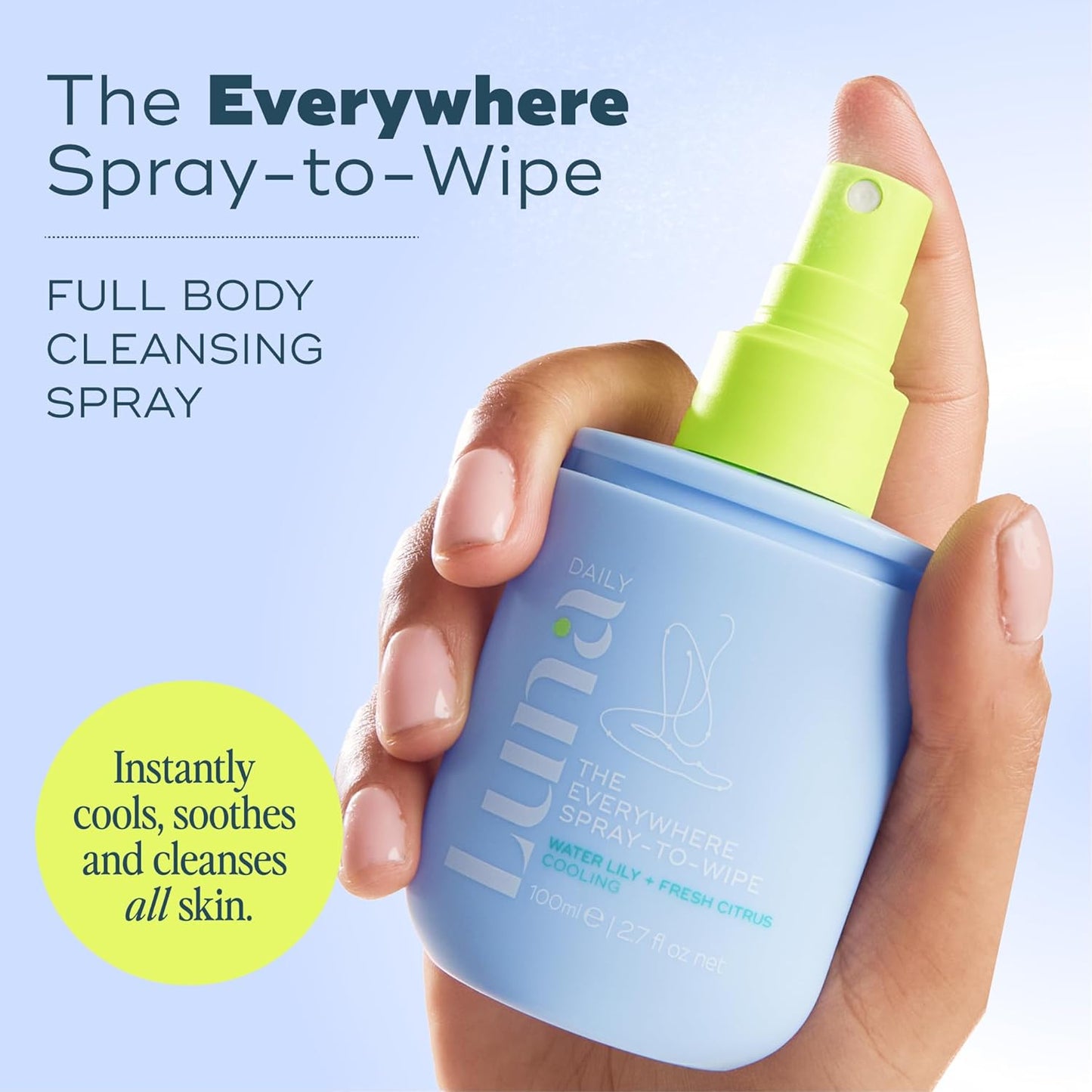Luna Daily Everywhere Spray-To-Wipe | Hydrating Cooling Body Mist for Feminine Care | Water Lily & Citrus | 80ml