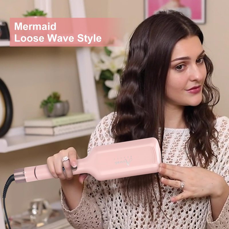32mm (1.25") Aima Beauty Twins Mermaid Hair Waver, Anti-Scald Wave Curling Iron, Curling Wand 2 Barrel Hair Crimper for Women PTC 15S Heats Up for Short/Medium/Long Hair Pink Color