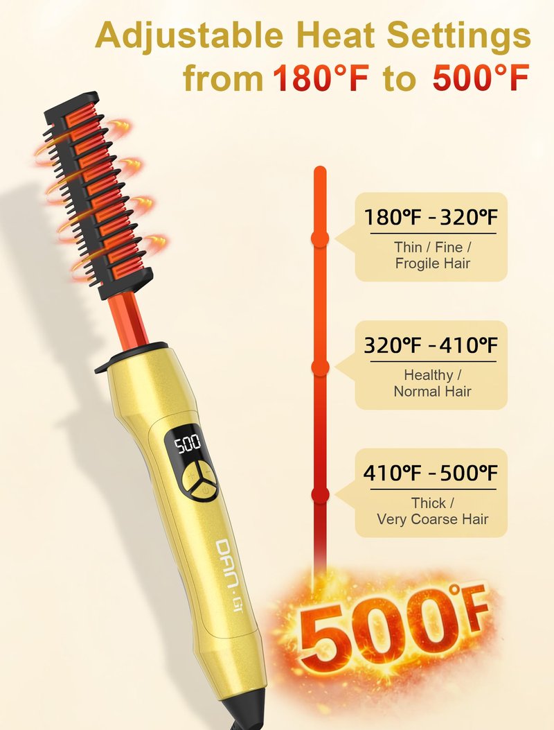 Titanium Electric Hot Comb for Wigs & Black Women Hair, Anti-Scald Straightening Comb with 18 Heat Settings 180°F–500°F for Fast Heating Straightening, Gold