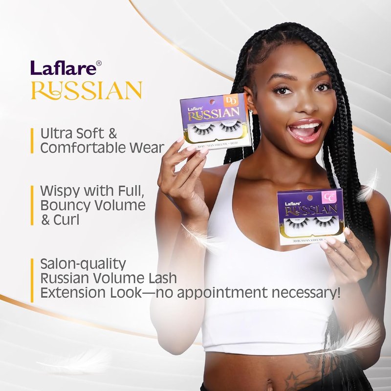 Laflare 3D False Eyelashes - Russian Volume Strip Lashes | Fluffy, Wispy, Lightweight | Faux Mink D Curl, 3-Pack Combo