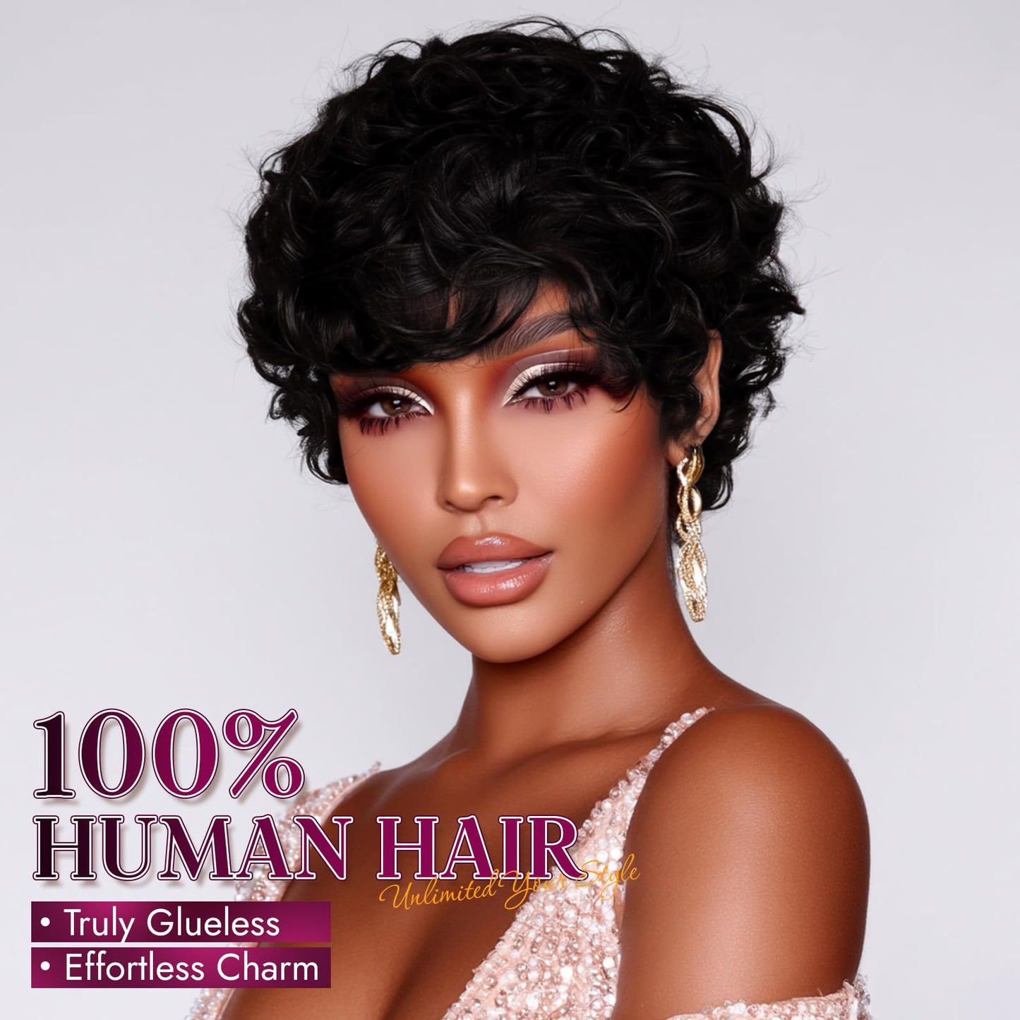 RUWISS Pixie Cut Wig Human Hair Curly Short Wigs for Black Women Glueless Pixie Human Hair Wig with Bangs for Daily Use Natural Short Bob Layered Wavy Human Hair Wigs for Black Women, Natural Black