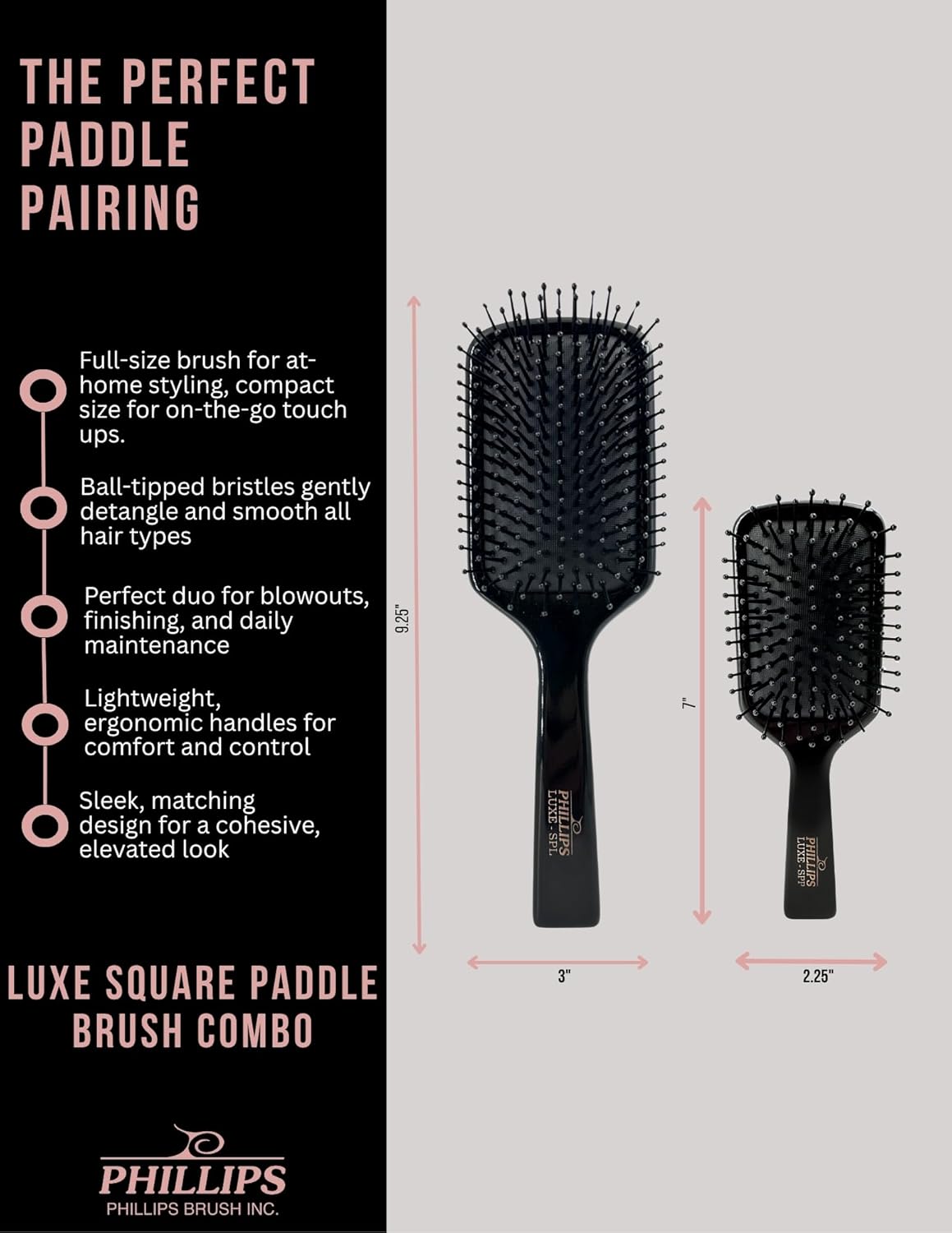 Phillips Luxe Series Square Paddle Hairbrush Combo Pack - Full-Sized 9.25" & 7" Travel Detangler | Sleek Black with Gold Accents