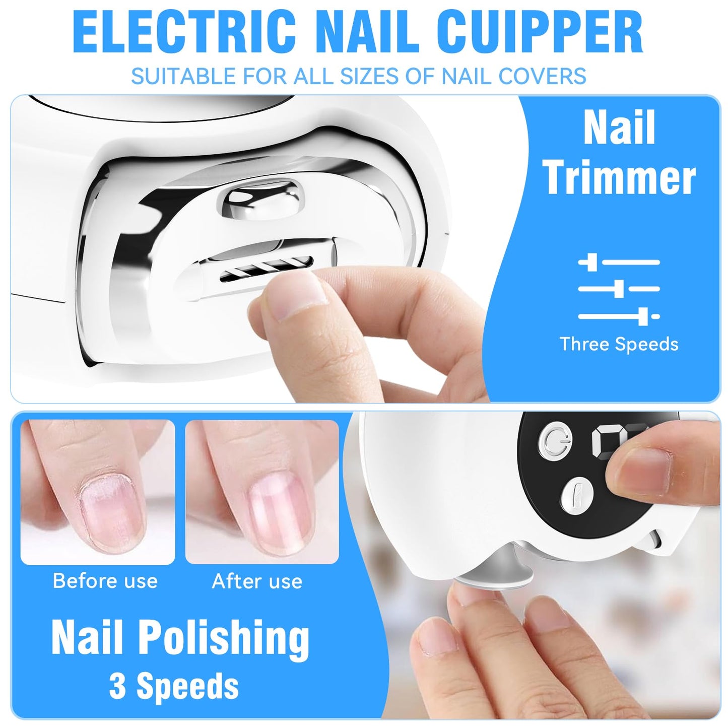3-in-1 Electric Nail Clipper & Trimmer - 3 Speed Automatic Nail Clippers for Seniors- Rechargeable Fingernail Clipper with LED Light, Portable Fingernail Grinder & Polisher for Women & Men