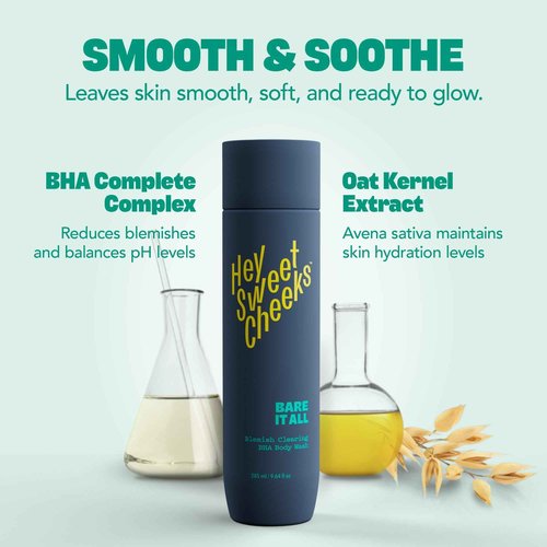HEY SWEET CHEEKS BHA Salicylic Acid Body Wash with Oat Milk, Blemish Body Wash for Back Blemishes, Bacne, Cleanser for Clear, Smooth Skin, Bare It All, 9.64 oz