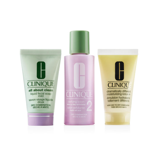 Clinique 3-Step Refresher Course Skincare Gift Set For Dry Combination Skin Types | Face Soap, Clarifying Lotion + Dramatically Different Lotion | Includes 3 Travel Sizes