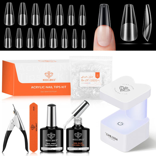 modelones X Nail Gel Kit, Fake Nails Long Coffin, 9-in-One Glue Prep Dehydrator & Portable Mini U V Light Acrylic Clipper, 500Pcs Coffin Tips for Extension Kit DIY Salon Home Gifts for Women