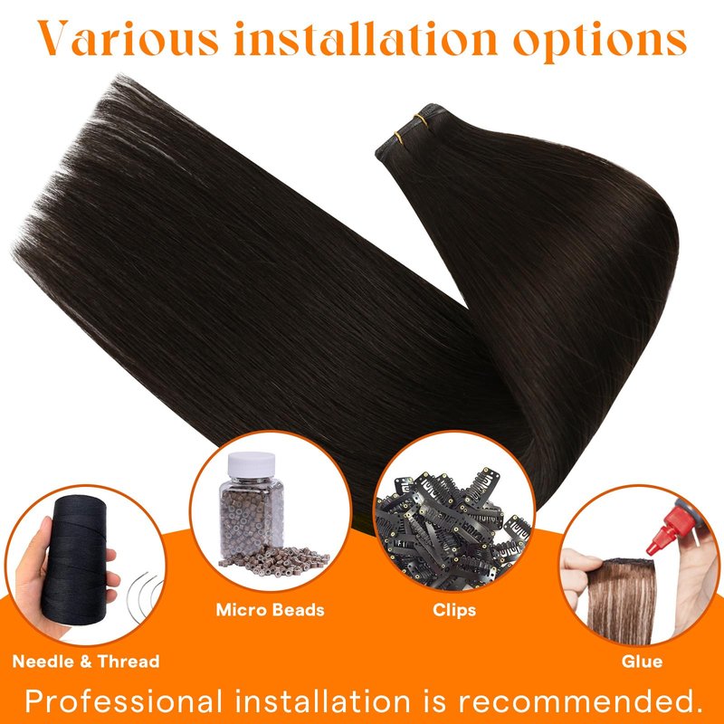 Sunny Hair Genius Weft Hair Extensions Human Hair Darkest Brown Seamless Hand-Tied Bundles Sew in Brown Soft Silky for Women Short Straight for Party 14 Inch 50G