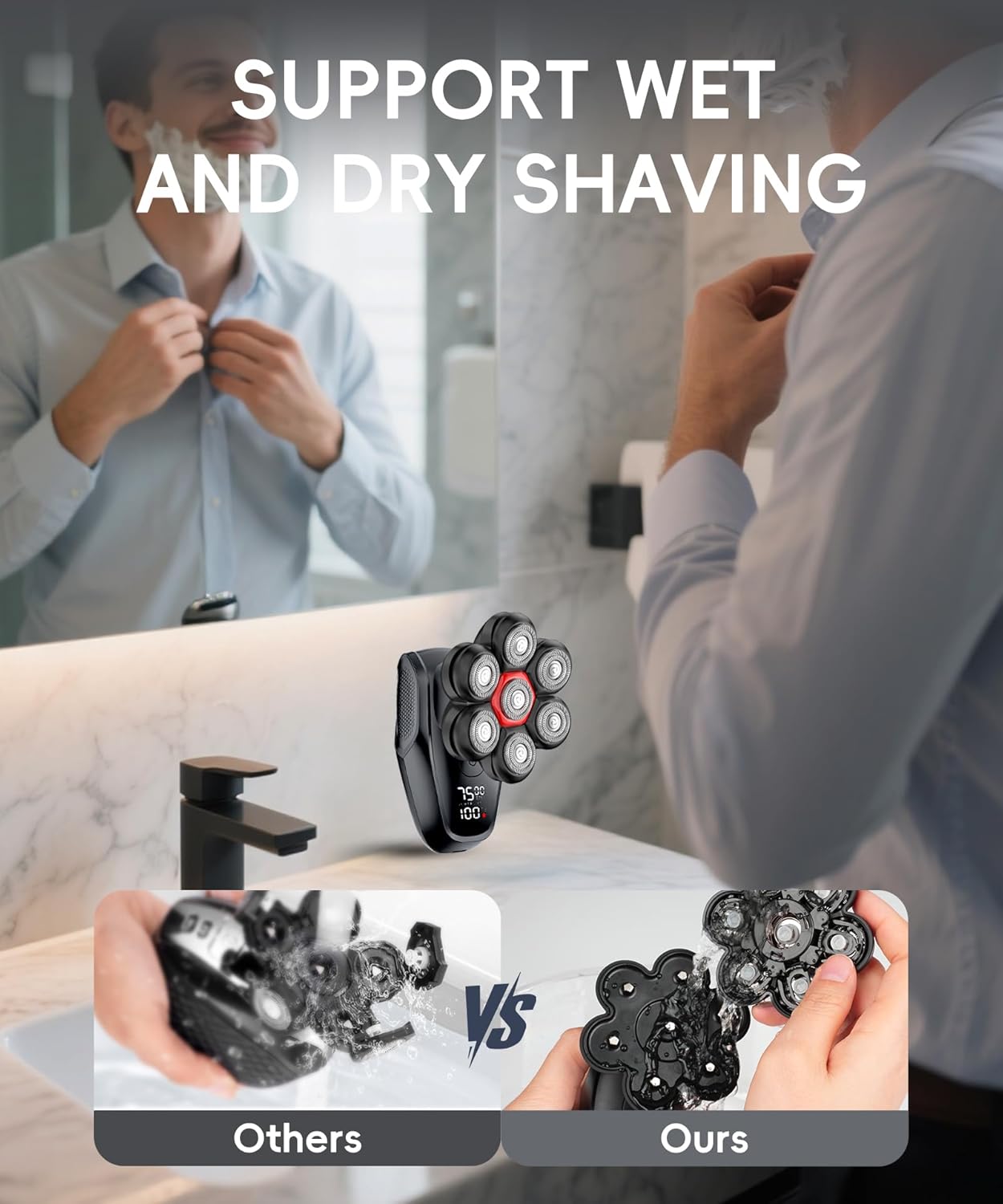 5-in-1 Men's Grooming Kit - 7D Rotary Electric Head Shaver | IPX8 Waterproof, High-Gloss Black