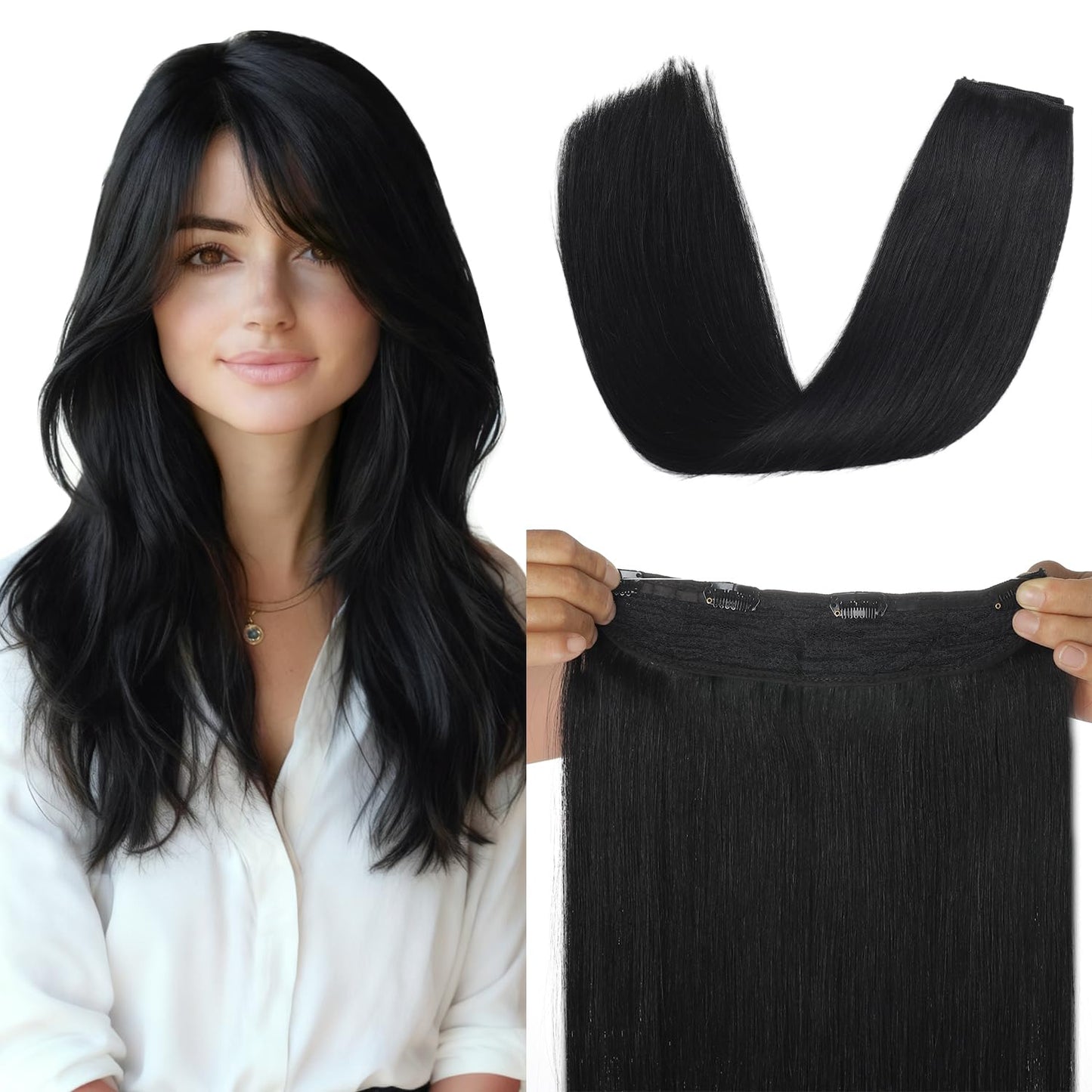 XDhair Hair Extensions Wire Human Hair 70g 14 Inch Hairpieces Jet Black Invisible Wire Hair Extensions with Adjust Secure 4 Clips(#1-14inch)