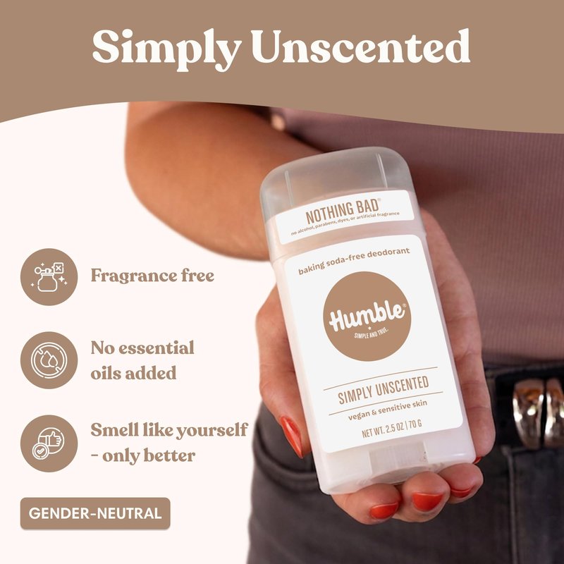 Humble Aluminum-Free Deodorant for Women & Men, Simply Unscented - Baking Soda-Free Natural Deodorant Stick for Sensitive Skin with Essential Oils for Long-Lasting Odor Control, 2.5 Oz (Pack of 3)