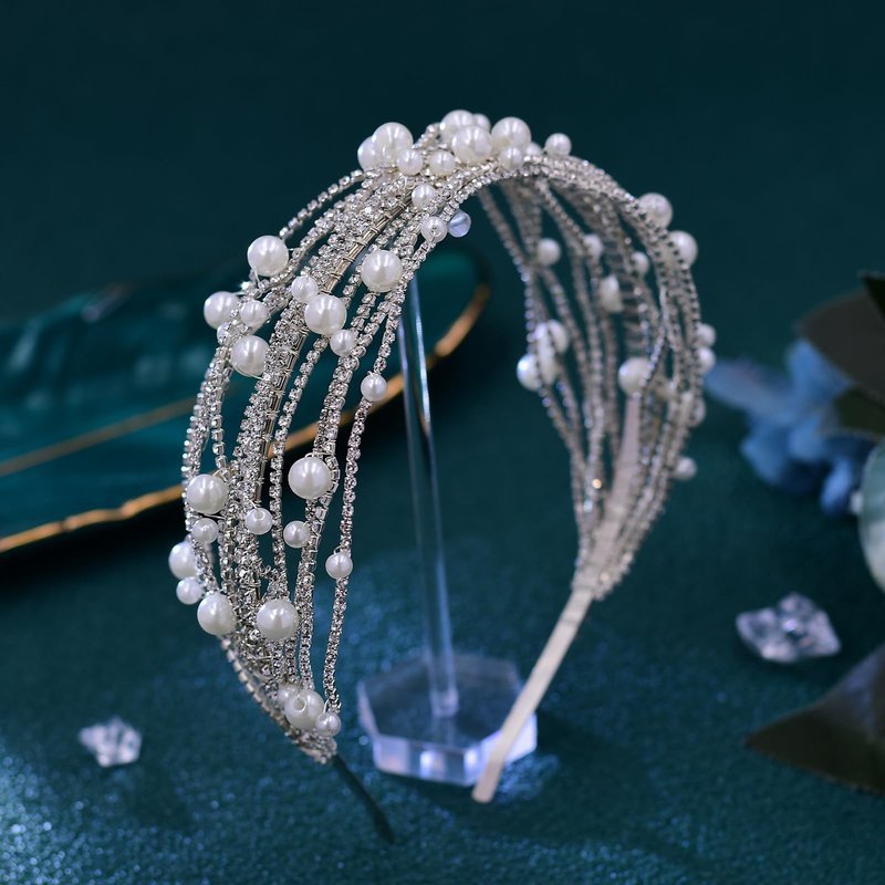 JHOO Bridal Rhinestone Pearl Hairband Women's Fashion Rhinestone Headdress Silver Wedding Pearl Headband Hair Accessories for Bride Bridesmaid Ladies HP658