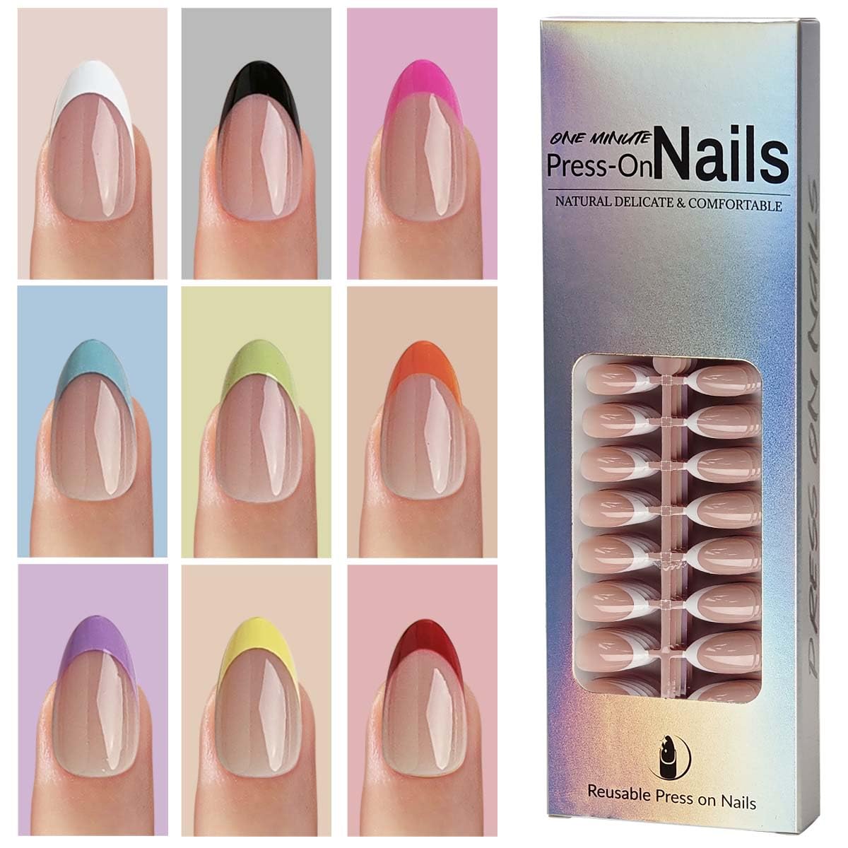 HPYFOI French Tip Press On Nails - 9 Colors, Short Almond, 216Pcs