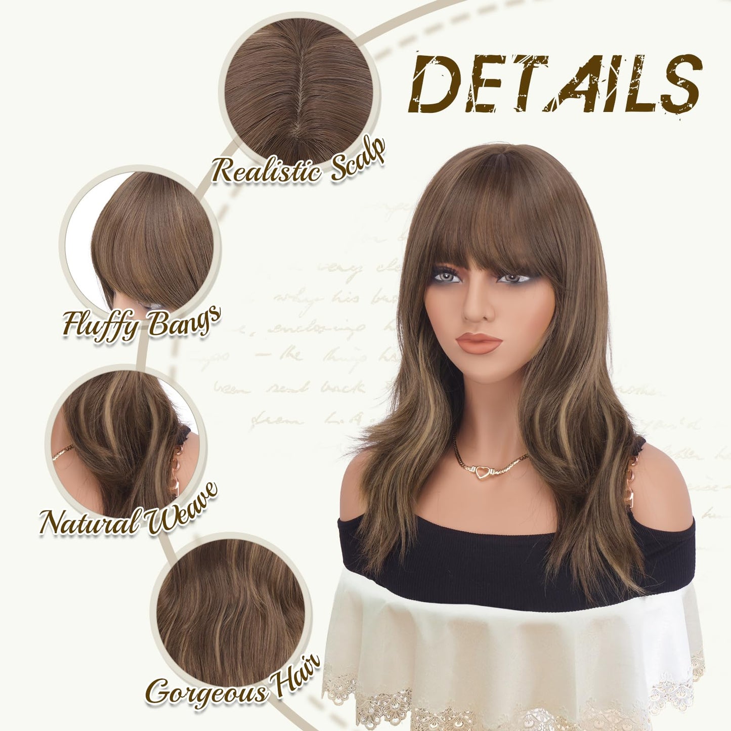 Haloo Brown Wigs with Bangs - 19 Inch Natural Wavy Synthetic Heat Resistant Medium Length Hair Wigs for Women Daily Party, Blonde Mixed Brown