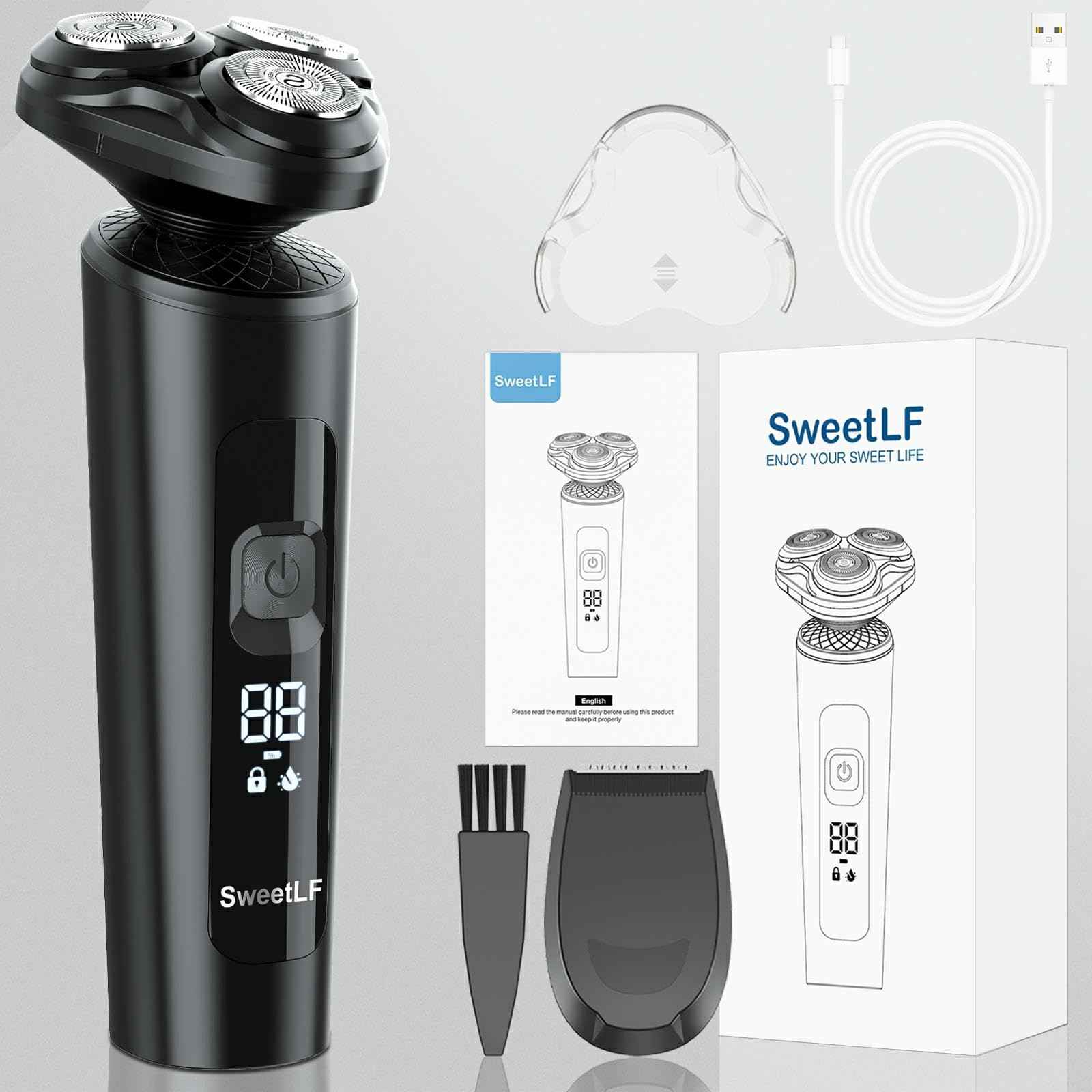 SweetLF Electric Razor for Men, IPX7 Waterproof, Wet & Dry Shaving, Type-C Fast Charging, LED Display, Pop-up Beard Trimmer, Men's Gift, Black