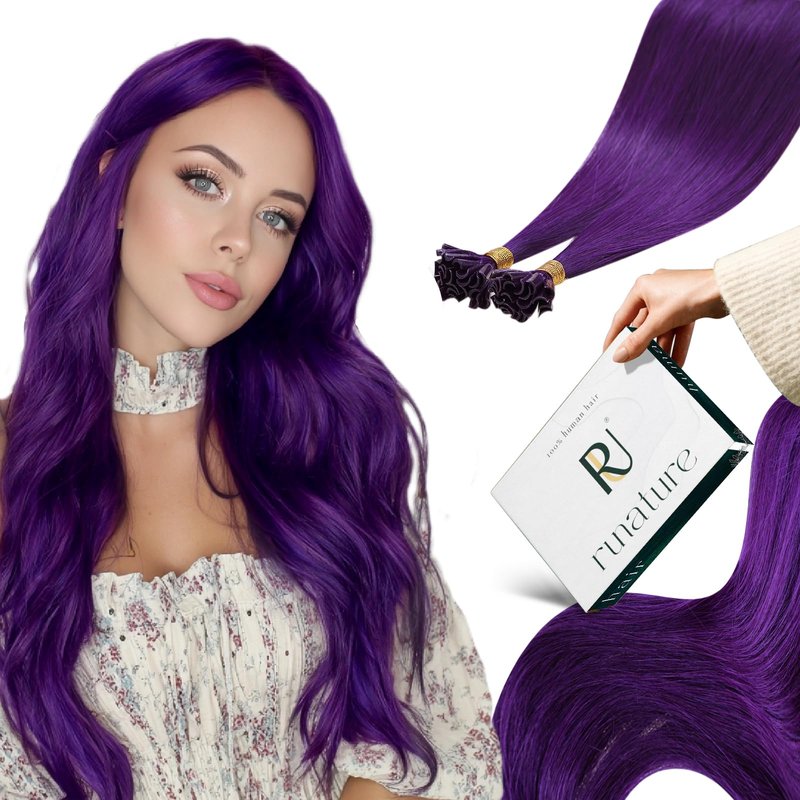 RUNATURE U Tip Hair Extensions Human Hair Purple Hair Extensions Real Human Hair Pre Bonded Keratin Hair Extension Purple Hot Fusion Hair Extension Remy Natural Hair for Party 16 Inch 20g 25s