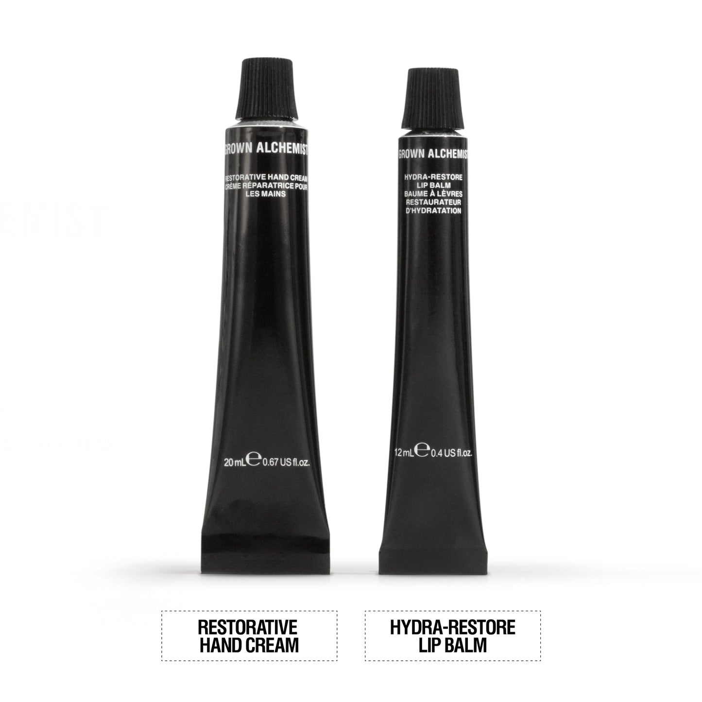 Grown Alchemist, Lip + Hand Essentials Holiday Gift Kit. Hydra-Restore Lip Balm (12 mL) & Restorative Hand Cream (20 mL). Natural Hydration Duo