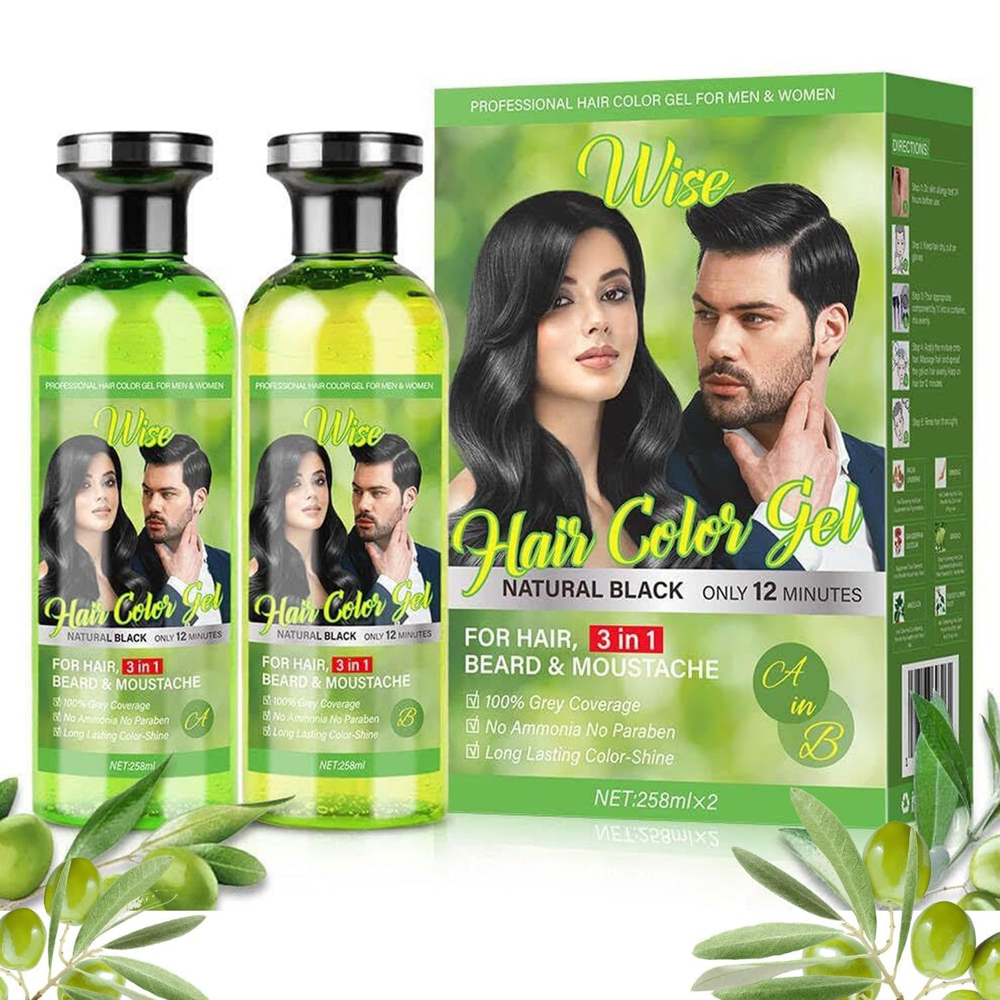 Natural Hair Color Gel - 3 in 1 Semi-Permanent Black Dye for Gray Coverage | Plant-Based with Olive Extract, 500ml x 2