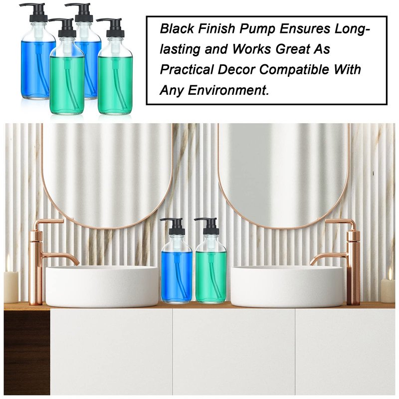 8 Pack Glass Pump Bottles with Black Lotion Pumps 8 oz Refillable Pump Bottles Dispenser Thick Glass Lotion Soap Shampoo Massage Oil Containers Multipurpose for Salon Cosmetic Kitchen Bathroom(Clear)