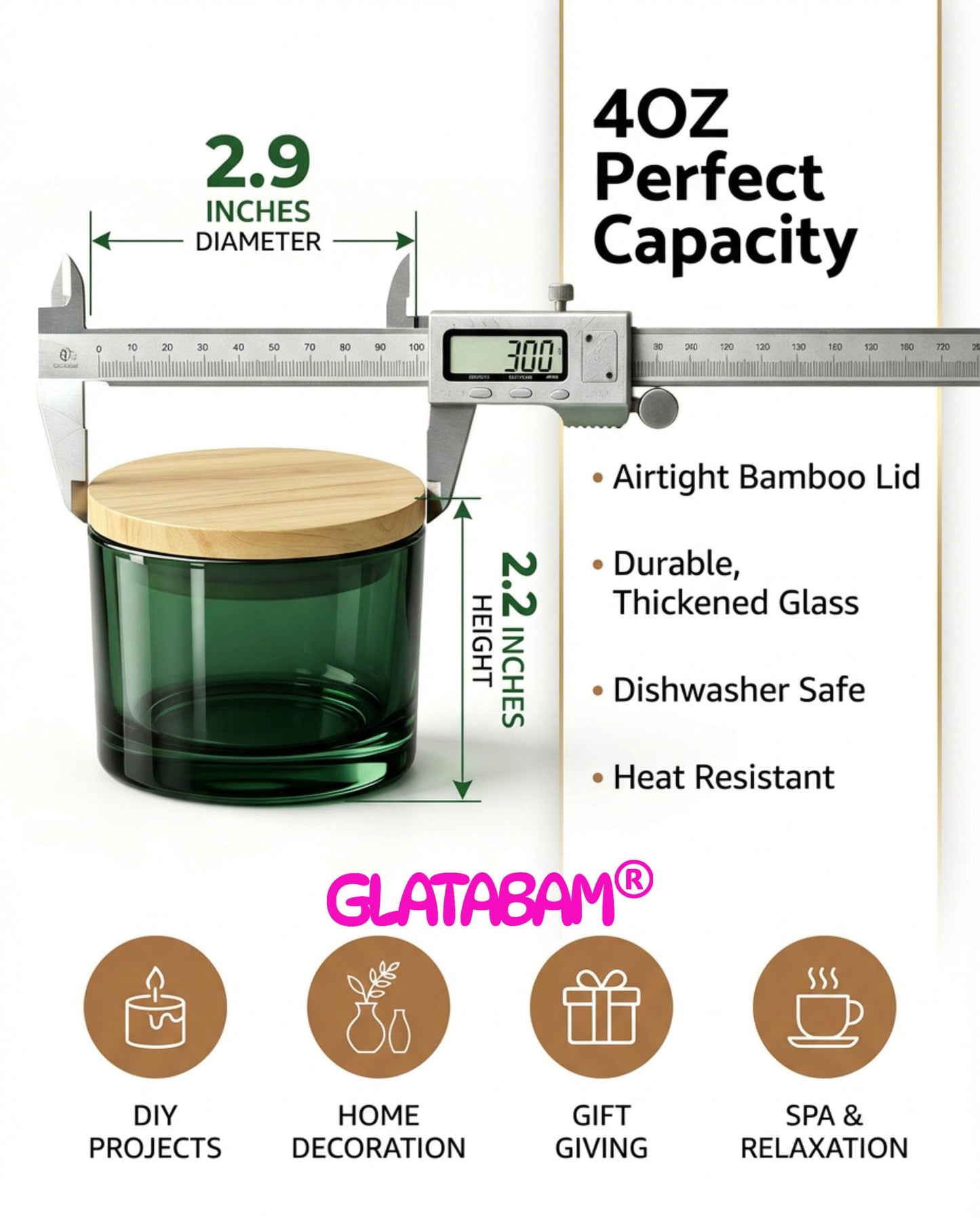 GLATABAM 4 OZ Candle Jars 12 Pack - Bulk Glass Candle Making Jars with Bamboo Lids & Labels, Heat Resistant Empty Reusable Candle Vessel for Containers(Green)