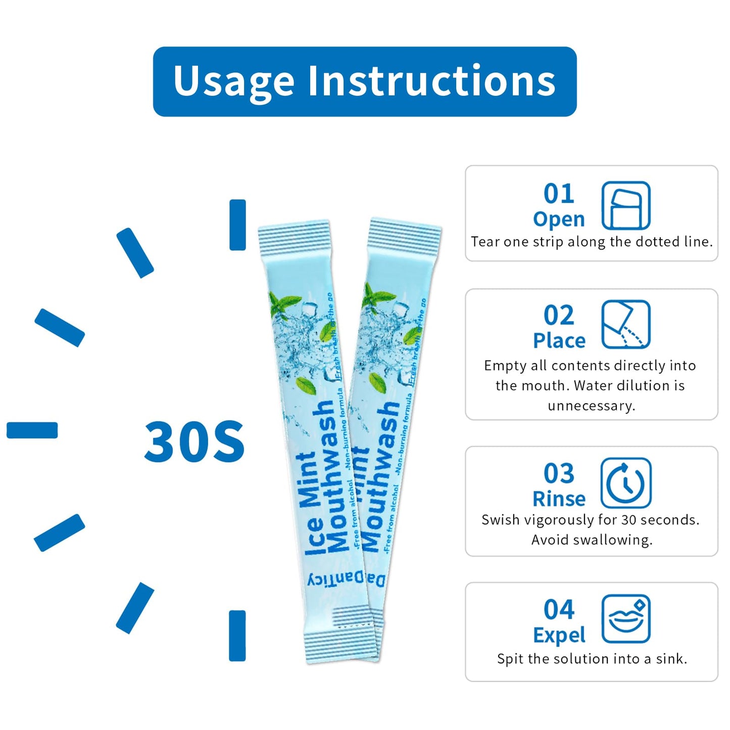 Mouthwash Travel Size, Alcohol-Free Mouthwash, Portable, Fresh Breath, Mini Packets, Ice Mint, 30 Individual Disposable Packets