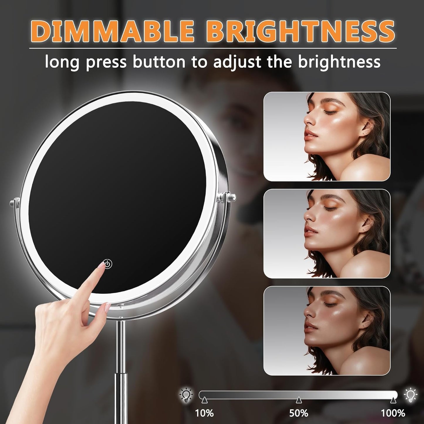 Hasipu 10” LED Makeup Mirror with 1X/10X Magnification - Rechargeable Vanity Mirror, 3 Color Modes, Touch Control, 360° Rotation & Height Adjustable Nickel