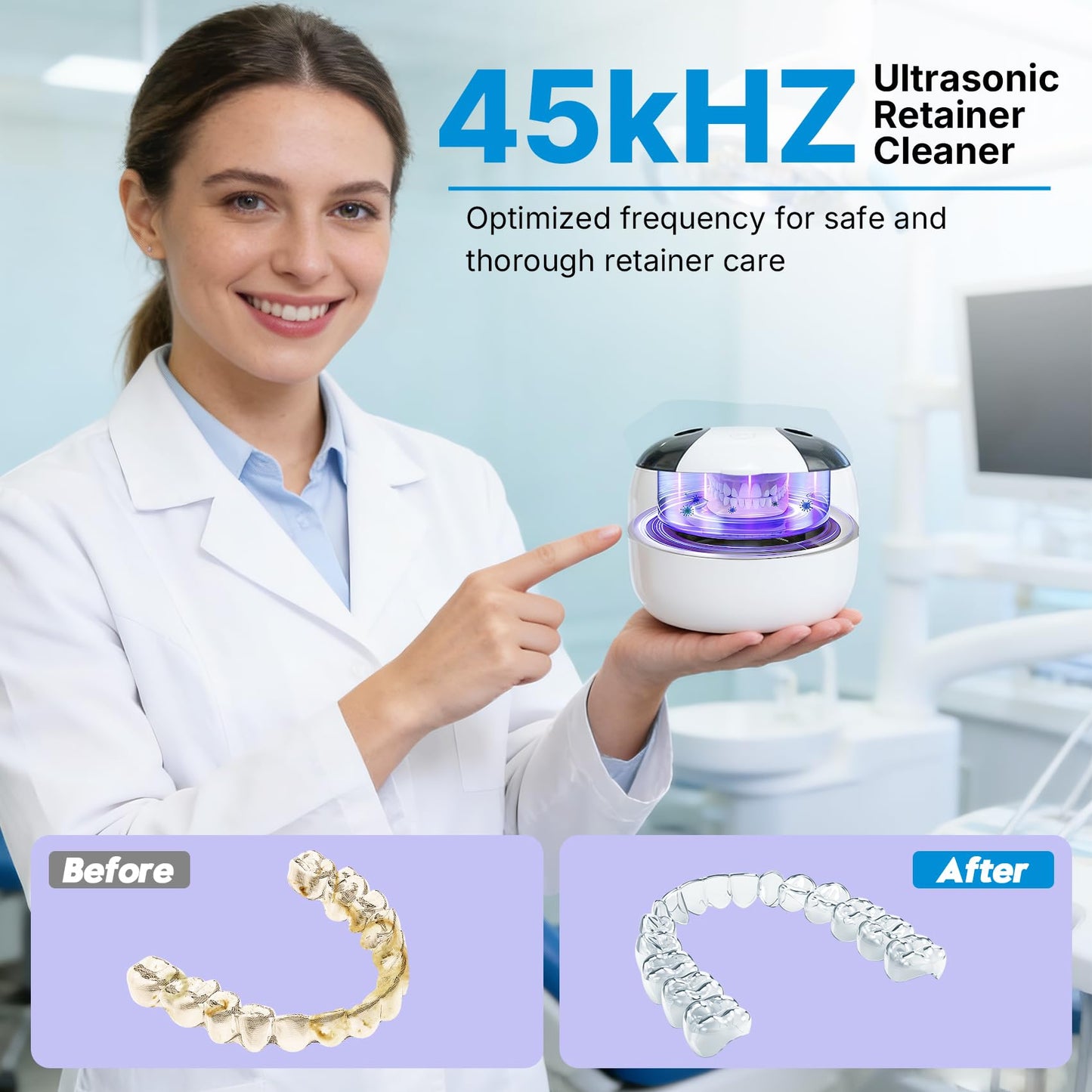 Ultrasonic Retainer Cleaner Machine Denture Cleaner for Dental Pod, Aligner, Night Guard, Braces & Mouth Guard, Features 45KHz and UV Deep Cleaning Dental,4 Modes Teeth Cleaning Tools, Digital Timer