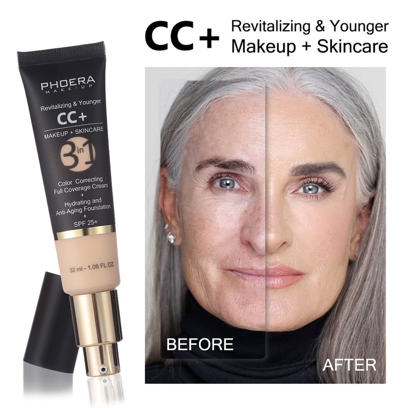 PHOERA CC+ Cream Color Correcting Anti Aging Hydrating Serum & SPF 25+, PHOERA Primer, Makeup, Kabuki Makeup Brushes Foundation Brush (102 Nude + 120 Nude CC Cream)