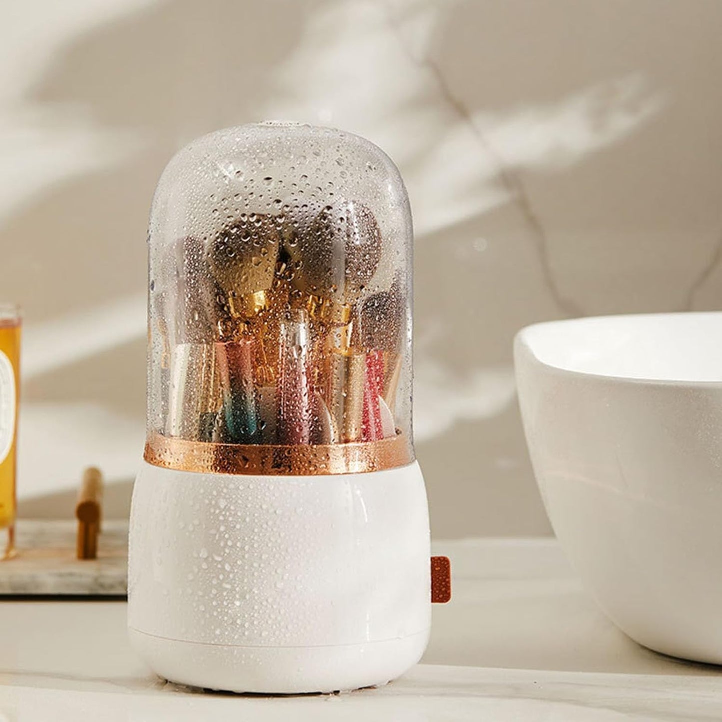 Makeup Brush Holder - 360° Rotating Makeup Organizer with Lid | White Storage Solution for Home