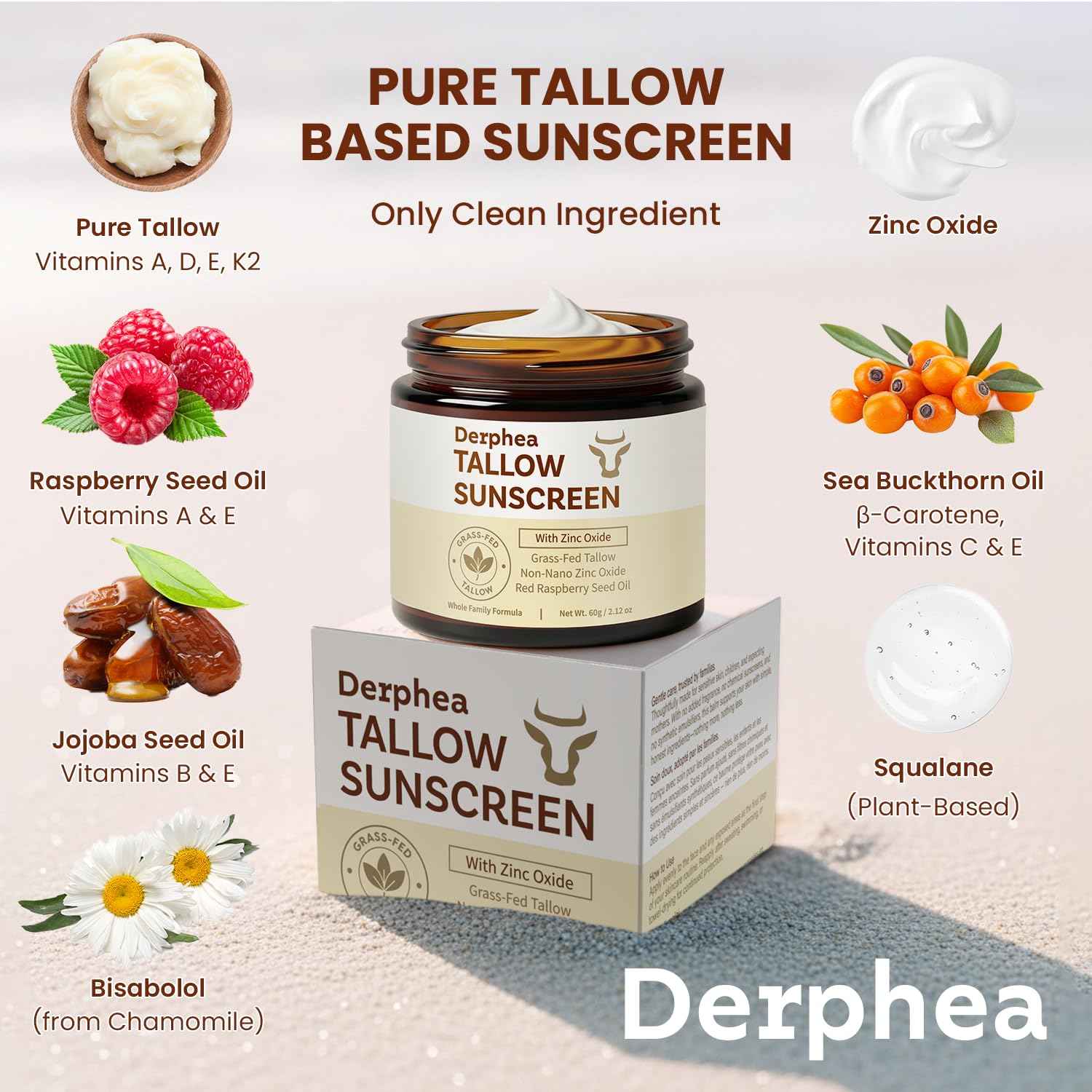 Derphea Natural Beef Tallow Sunscreen – SPF 50 Daily Sun Care for Extremely Sensitive, Acne-Prone & Kid-Safe Skin – Non-Toxic Sunblock with 22% Non-Nano Zinc Oxide, Clean Formula for Face & Body