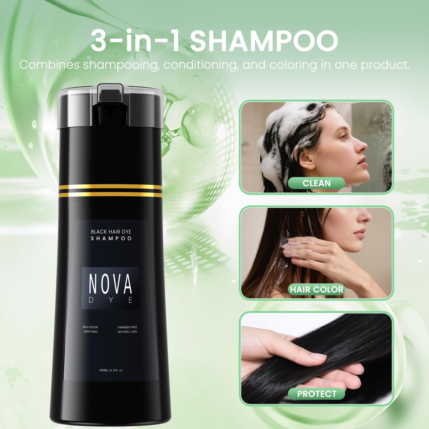 NOVA DYE Black Hair Dye Shampoo 3 in 1, Natural Dye Shampoo for Men & Women, Herbal Ingredient Shampoos for Grey Hairs Coverage