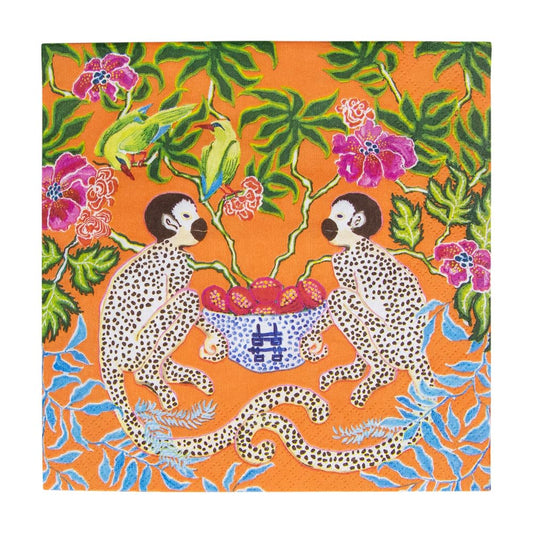 Caspari Monkeys Paper Luncheon Napkins in Orange - 20 Per Package
