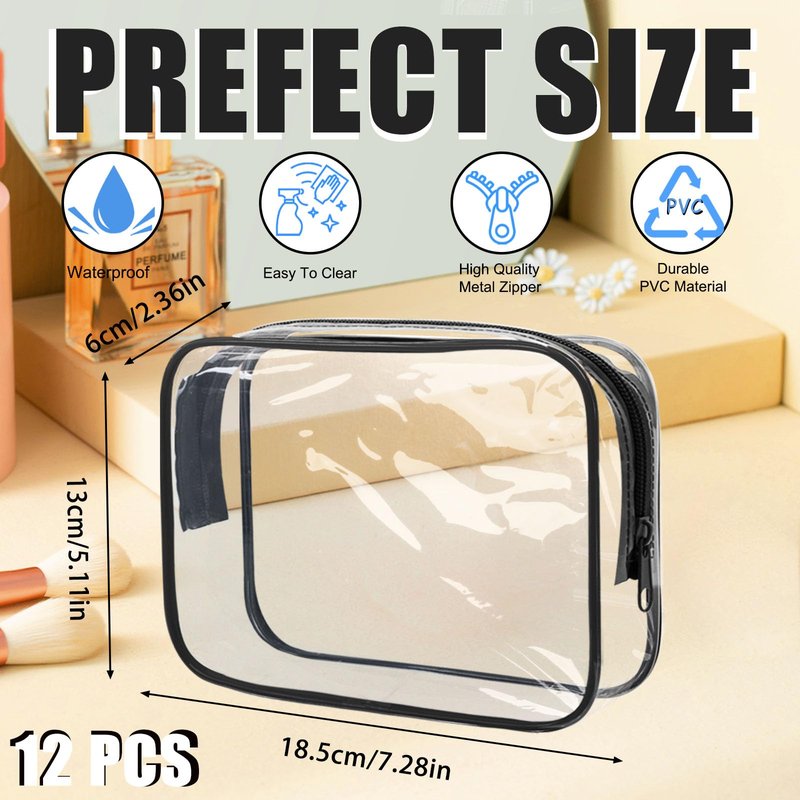 Eilyliafe 12 Pcs Clear Toiletry Bag PVC Waterproof Zippered PVC Cosmetic Makeup Carry Pouch TSA Approved Toiletry Bag for Travel Clear Organizer Storage Bags (Medium, Black)