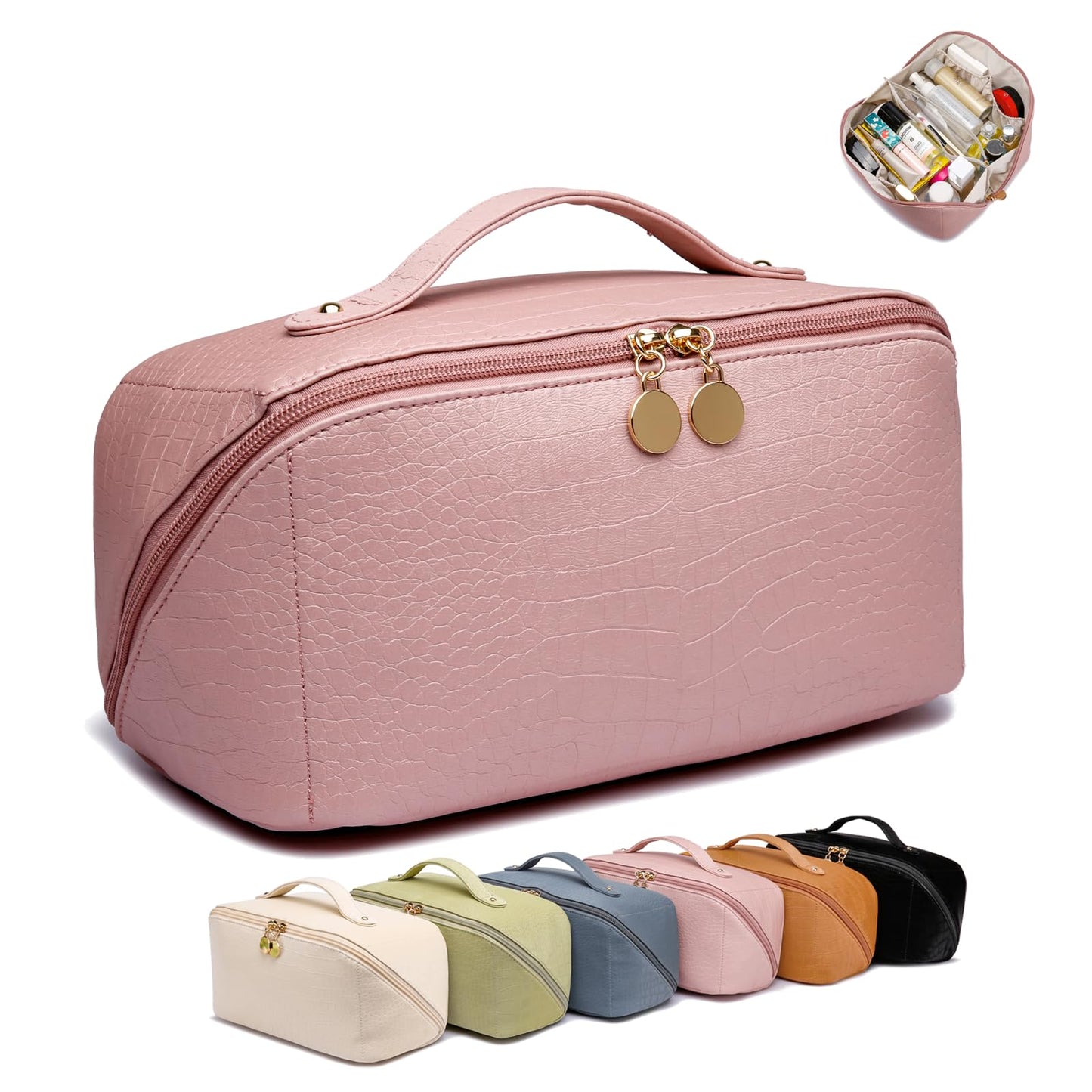 Yomiky Large Capacity Travel Cosmetic Bag, Portable Leather Makeup Bags for Women, Travel Toiletry Bag Waterproof Leather Makeup Organizer Bag, Roomy Cosmetic Bag for Women and Girls