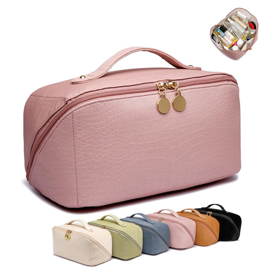 Yomiky Large Capacity Travel Cosmetic Bag, Portable Leather Makeup Bags for Women, Travel Toiletry Bag Waterproof Leather Makeup Organizer Bag, Roomy Cosmetic Bag for Women and Girls