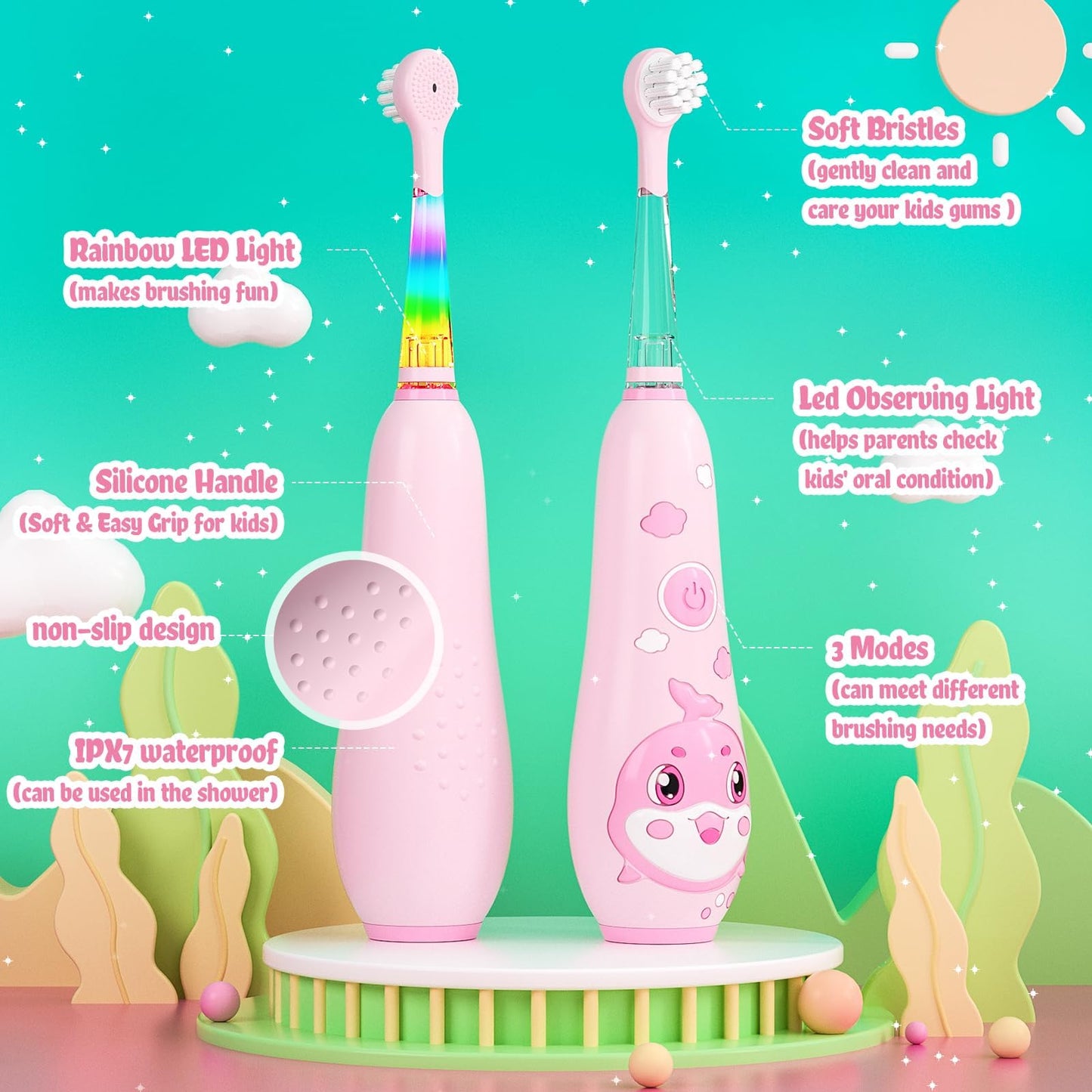 SEAGO Kids Electric Toothbrushes Rechargeable, Toddler Electric Toothbrush with Magnetic Charging, LED Observing Light, 8 Toothbrush Heads for Ages 2-4-6 Boys Girls (Pink)