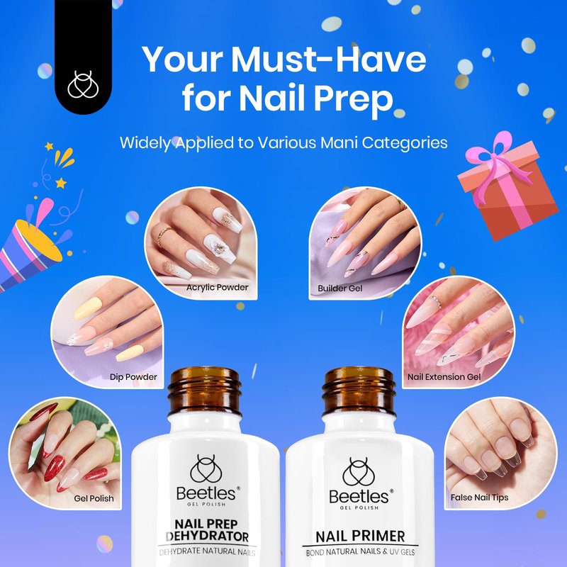 Beetles 20ml 2Pcs Nail Dehydrator and Primer, Large Capacity Acid Free Acrylic Nail Prep Dehydrate and Primer for UV Gels Superior Bonding Professional Salons Set