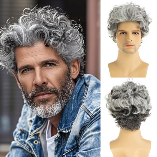 Dsimeig Mens Wig Grey Short Curly Wavy Cosplay Hair Wigs,Grey&White