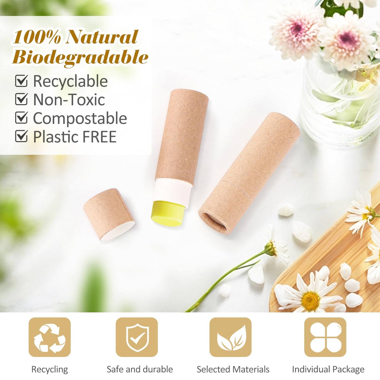 DMuuuDM 15 Pcs 0.3 oz Paperboard Lip Balm Tubes,Empty Kraft Paper Chapstick Tube Holder,Push-Up Style Biodegradable Solid Lip Gloss Container for DIY Homemade Balm,Natural Packaging Container - Brown