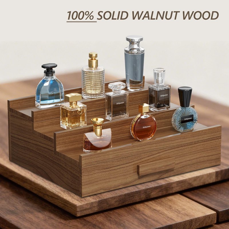 Hrbjunuo Solid Walnut Cologne Organizer for Men, 3 Tier Cologne Stand, Wooden Cologne Holder Display Shelf with Drawer Storage and Hidden Compartment, Perfume Stand Organizer, Gift for Men Dad Husband