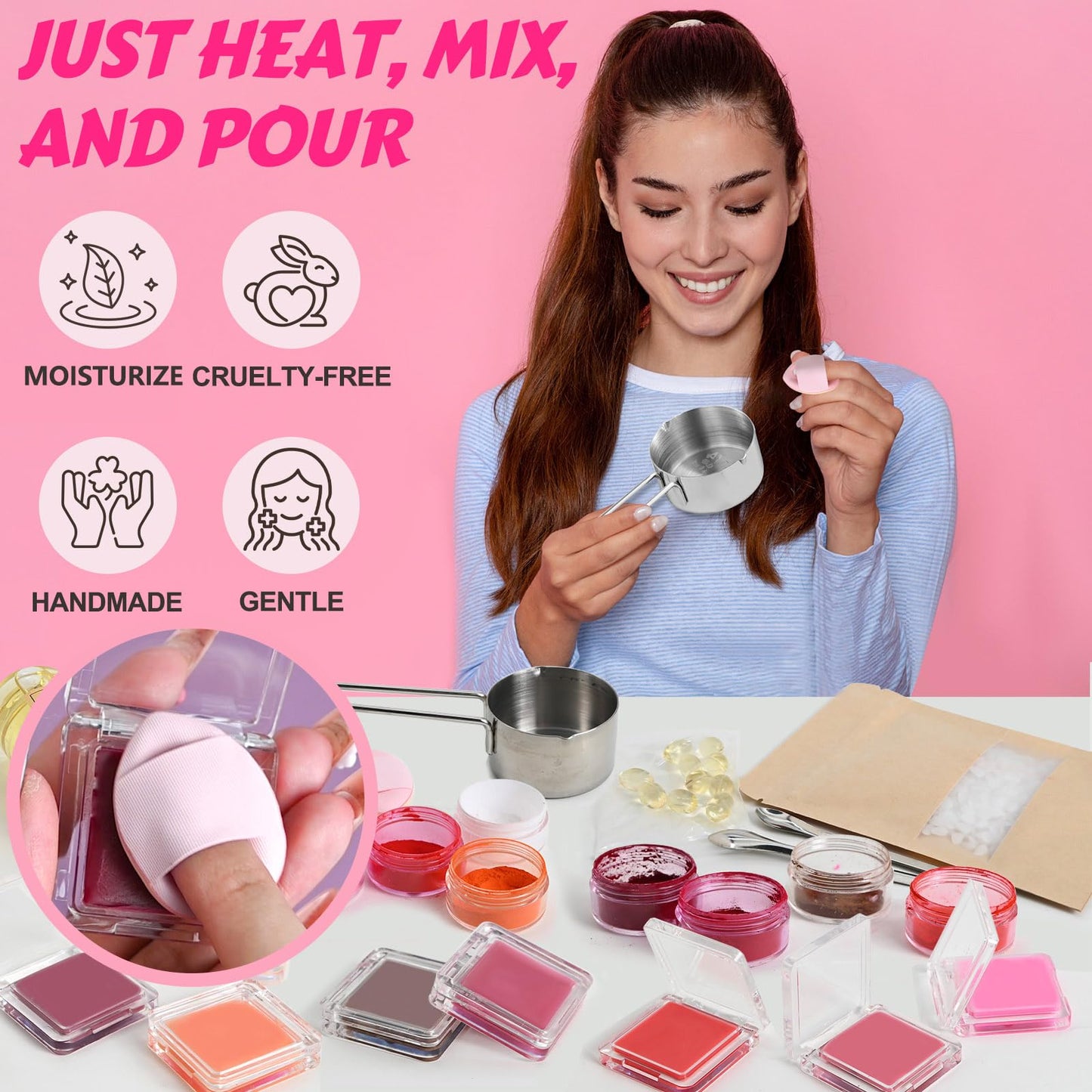 JCOOS DIY Blush Making Kit for Women | Make Your Own Cream Blush Eyeshadow Lip, Dewy Finish with Beeswax & Sweet Almond Oil, 8 Colors Pigment, Includes Puff Makeup
