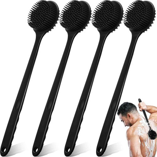 Sunnyray 4 Pack Scrubber Anti Slip for Shower, 15 Inch Soft Silicone Bath Body Brush Back Scrubber with Long Handle, Improved Skin Health Can Produce Foam for Men and Women, Black
