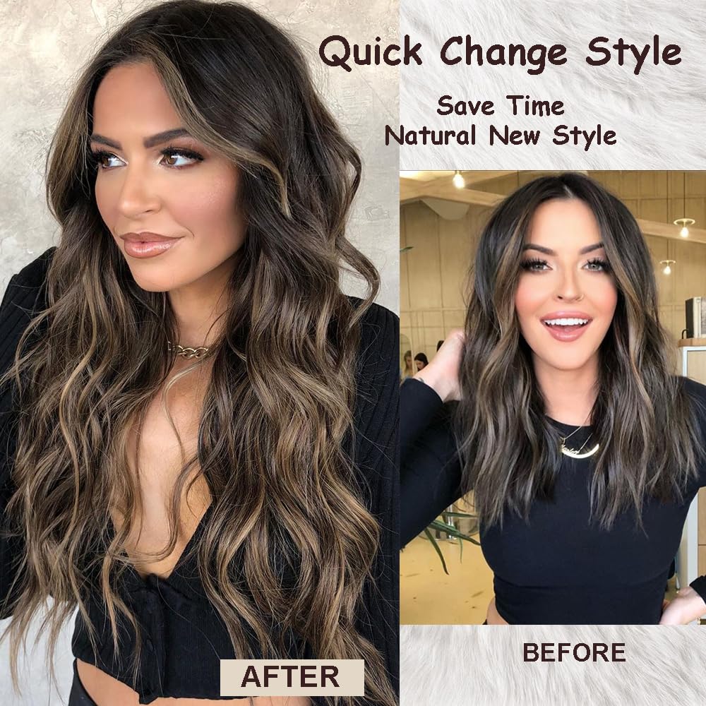 Clip In Hair Extensions - Natural Wavy Synthetic Hairpieces for Women | Black & Blonde Highlights - 20 Inch, 4 Pcs